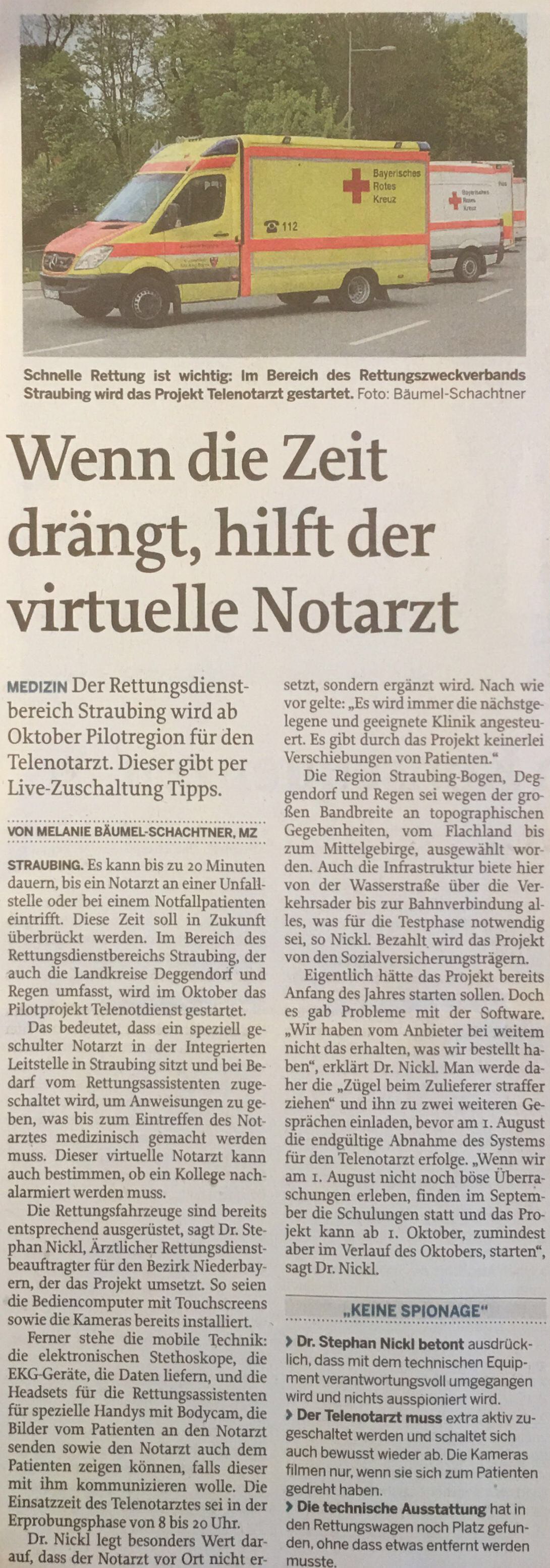 Dr. Stephan Nickl als Projektmanager Telenotarzt (Mittelbayerische Zeitung, 21.07.2017)
