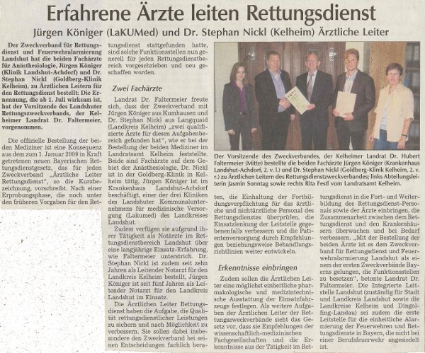 Bestellung von Dr. Stephan Nickl zum Ärztlichen Leiter Rettungsdienst für den Rettungsdienstbereich Landshut (Landshuter Zeitung, 29.06.2010)