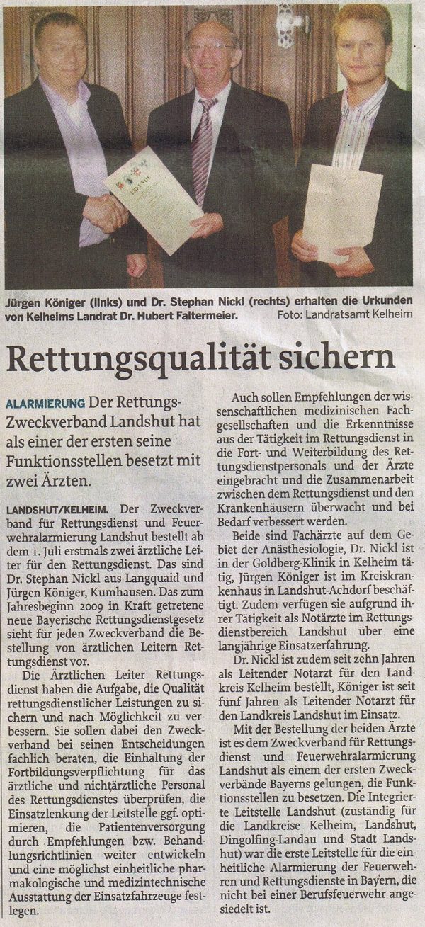 Bestellung von Dr. Stephan Nickl zum Ärztlichen Leiter Rettungsdienst für den Rettungsdienstbereich Landshut (Mittelbayerische Zeitung, 26.06.2010)