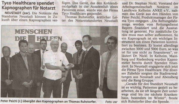Tyco Healthcare spendet Kapnographen für Notarzt (Landshuter Zeitung, 29.06.2010)